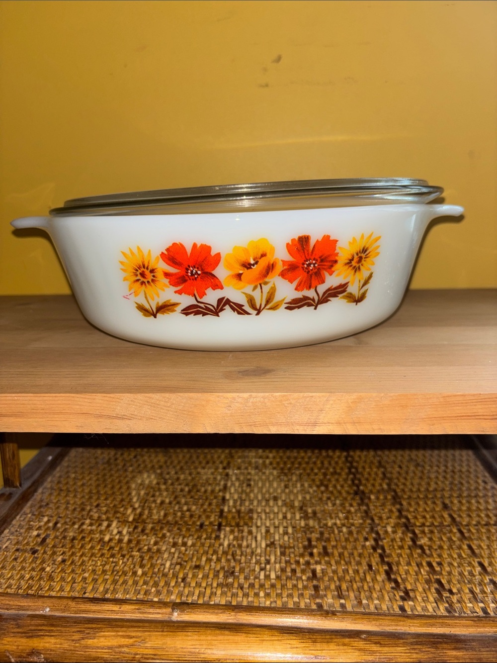 Fire King White Casserole with Orange and Yellow Floral Band